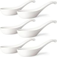 6-Piece Ceramic Asian Soup Spoons: 7" Long Handle, White
