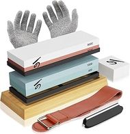 KERYE Professional Japanese Whetstone Sharpening Kit: 4-sided (400/1000/3000/8000 grit), flattening stone, angle guide, strop, gloves.
