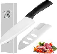 7-Inch Black Ceramic Santoku Knife with Protective Sheath
