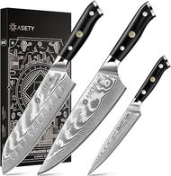 Professional 3-Piece Damascus Chef Knife Set: VG10 Steel Core, Full Tang G10 Handle, NSF Certified.
