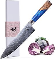 SAMCOOK Damascus Chef Knife: 8" VG-10 High-Carbon Steel Gyuto with Ergonomic Blue Resin Handle (Gift Boxed)
