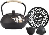 Black Plum Blossom Tetsubin Tea Set: 26oz Cast Iron Teapot with Infuser & Trivet
