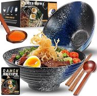 YTLEMON Japanese Ramen Bowls: 2 Sets of 34oz Ceramic Bowls, Chopsticks, Spoons & Forks.  Perfect Housewarming Gift. (Blue)
