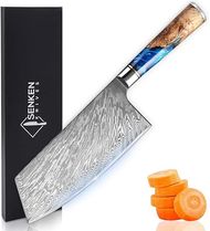 Damascus Steel Cleaver Knife: Tsunami Collection, 67-layer VG10 steel, blue resin & wood handle, 7.5".
