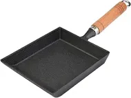 Yosoo Cast Iron Tamagoyaki Pan: Wooden handle, gas/ceramic/induction compatible.
