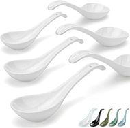 Artena Bright White Porcelain Soup Spoons: 6-piece set of elegant, oval-hook design spoons ideal for Asian cuisine.
