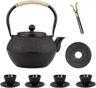 Japanese Tetsubin Cast Iron Tea Set: Stovetop-safe, enameled interior, includes strainer, cups & saucers (1200ml).
