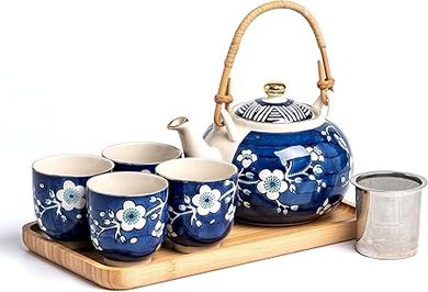 Elegant Blue & White Japanese Tea Set for Four
