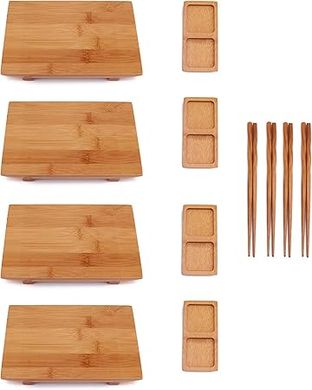 Bamboo Sushi Set: 4 x 8.3" Rectangle Plates, Chopsticks & Sauce Dishes
