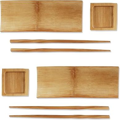 BambooMN Sushi Set: 6 Reusable Bamboo Plates, Chopsticks & Soy Sauce Dishes
