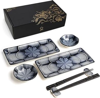 ELUSH 8-Piece Japanese Ceramic Sushi Set: 2 Plates, 2 Sauce Dishes, Chopsticks & Holders
