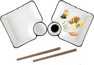 Japanese Ceramic Sushi Plates (2-pack, 7.5"):  White, with Dipping Saucers.
