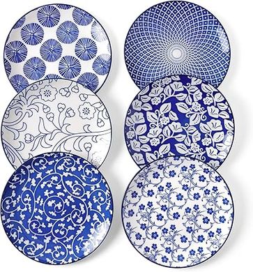 Selamica 6-Piece Vintage Blue Ceramic Dessert/Salad Plates (6-inch) – Microwave & Dishwasher Safe
