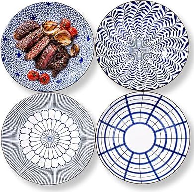 Japanese Ceramic Dinner Plates (Set of 4, 8"): Microwave & Dishwasher Safe
