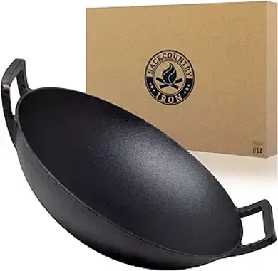 Backcountry Cast Iron Wok: 14-inch Flat-Bottom with Handles
