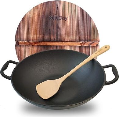 14-inch Pre-Seasoned Cast Iron Wok with Lid & Handles
