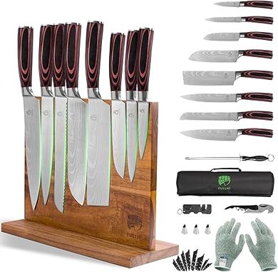 FULLHI 15-Piece Japanese & German Steel Knife Set with Magnetic Block
