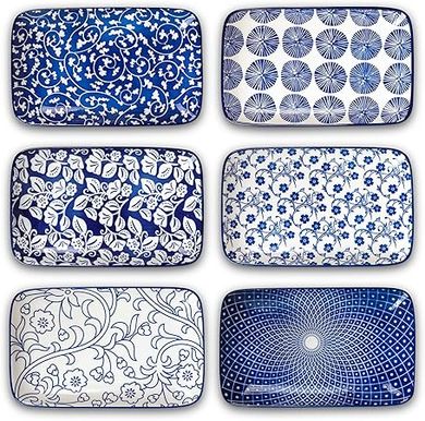 Selamica Ceramic Dinnerware Set: 6 Vintage Blue Rectangular Plates (8", Microwave/Dishwasher Safe)
