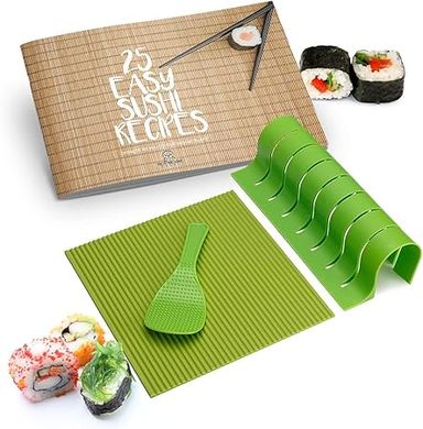 Deluxe Sushi Making Kit: Silicone Mat, Rice Paddle, Cutter, Recipe Book & Plate (7x7", Green)
