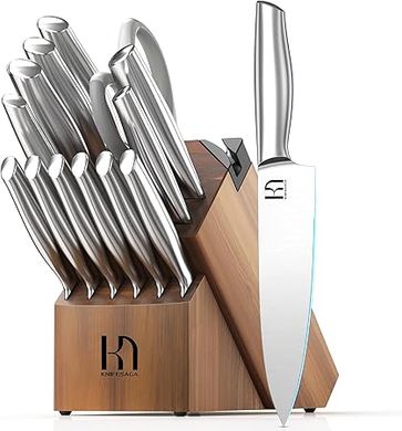 Premium 14-Piece Japanese Steel Knife Set with Built-in Sharpener & Acacia Wood Block
