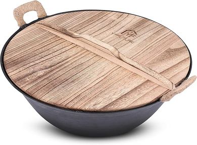 Authentic 14.2-inch Pre-Seasoned Cast Iron Wok with Wooden Lid: Perfect for Stir-Frying & Deep-Frying.
