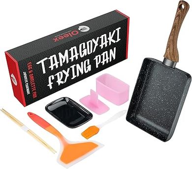 Oleex Tamagoyaki Pan Set:  A 5x7" nonstick square pan with musubi mold and omelette tools.
