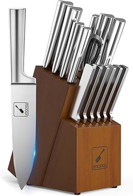 iMarku 15-Piece Japanese Stainless Steel Knife Block Set with Sharpener
