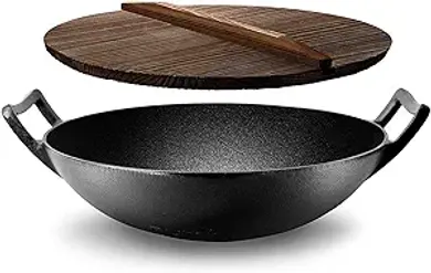 NutriChef 5.8QT Pre-Seasoned Cast Iron Wok/Skillet with Wooden Lid
