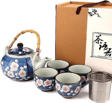 Sakura Japanese Porcelain Tea Set: Teapot, Filter, & 4 Cups
