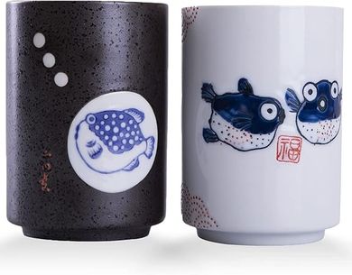 WHJY Puffer Teacups: A Set of 2 Handleless Ceramic Cups (10oz), Transitional Chinese/Japanese Style
