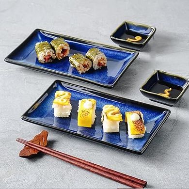 Japanese Porcelain Sushi Set: 2 or 6-Piece Tray & Dish Set with Chopsticks, Blue
