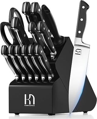 KnifeSaga 15-Piece Japanese High-Carbon Steel Chef Knife Set with Block & Sharpener
