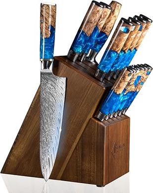 SENKEN Tsunami 15-Piece Damascus Knife Block Set: 67-Layer VG10 Steel Chef Knives & More
