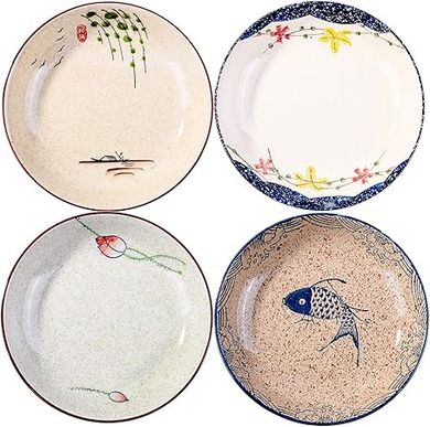 Japanese Retro Dinner Plates,8 Inch Plates,Porcelain Plates,Ceramic Plates Set of 4,Microwavable Plates,