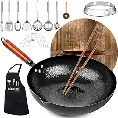 Kaqinu 14-Piece Carbon Steel Wok Set:  Flat-bottomed woks for all stovetops.
