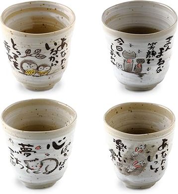 Handcrafted Mino Yaki Teacup Set (4): Rabbit, Owl, Cat, Jizo Designs
