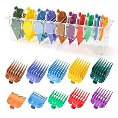 Wahl Clipper Guards: 1/16" to 1" combs, color-coded, organized.
