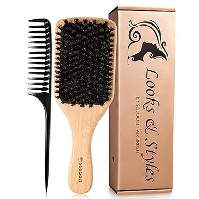 Sosoon Hair Brush, 100% Pure Boar Bristle Paddle Brush for All Hair Types, Restore Shine & Texture and Makes Hair Smooth & Health