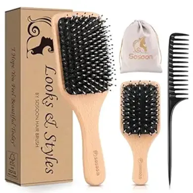 Boar Bristle Paddle Hairbrush Set: Detangles, Smooths, & Travels (2 Pack)
