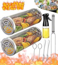 Stainless Steel BBQ Grill Basket: Large Round Mesh Cylinder for Vegetables, Fish & More
