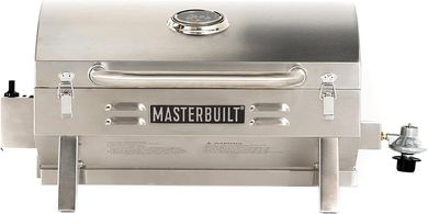 Masterbuilt Portable Propane Gas Grill: 288 sq in stainless steel cooking surface, folding legs, chrome warming rack.
