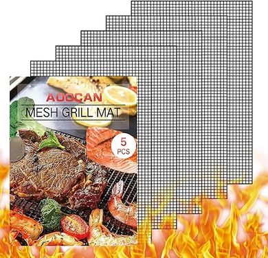 AOOCAN 5-Pack Heavy-Duty Reusable Grill Mats: Non-Stick, Easy Clean, Fits Gas, Charcoal, & Pellet Grills (15.75x13")
