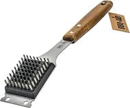 Heavy-duty BBQ grill brush with replaceable stainless steel bristles and long wooden handle.  No scratching.
