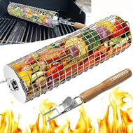 Round BBQ Grill Basket with Removable Handle & Secure Lid:  Thickened Stainless Steel for grilling veggies, fish & meat.
