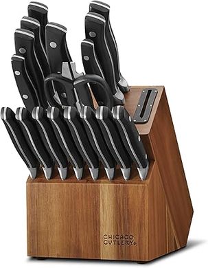 Chicago Cutlery Insignia 18-Piece Knife Block Set:  Ergonomic handles, sharp stainless steel blades, built-in sharpener.
