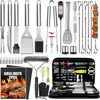 Premium 16" Stainless Steel BBQ Grill Set with Thermometer & Mats
