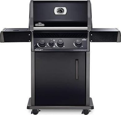 Napoleon Rogue XT 425 Gas Grill: 3-burner, infrared sear, side burner, folding shelves.
