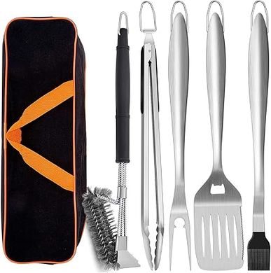 Leonyo 6-Piece BBQ Grill Tool Set:  Extra-Long Stainless Steel Tools with Carrying Case
