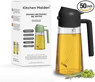 Kitchen Maiden 2-in-1 Oil Dispenser: Glass bottle with spray & pour functions for cooking & air frying (Black).
