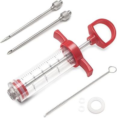 Meat Injector, Plastic Marinade Turkey Injector Syringe with Screw-on Meat Needle for Smoker BBQ Grill, 1-oz, Red, Recipe E-Book (Download PDF)